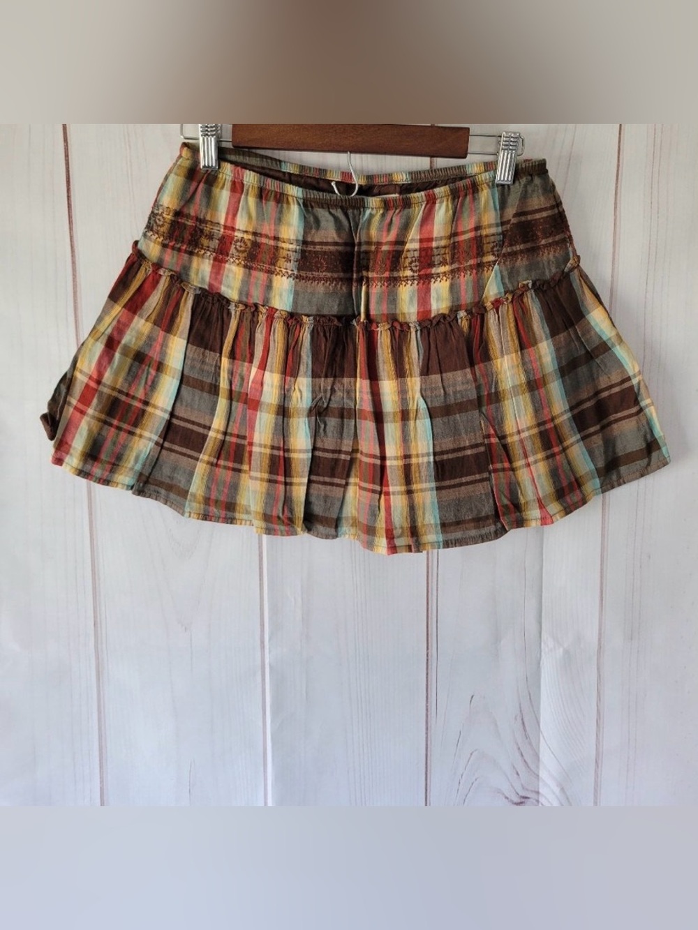 Plaid Mini Skirt, Y2k Vintage Brown Red Teal Pattern